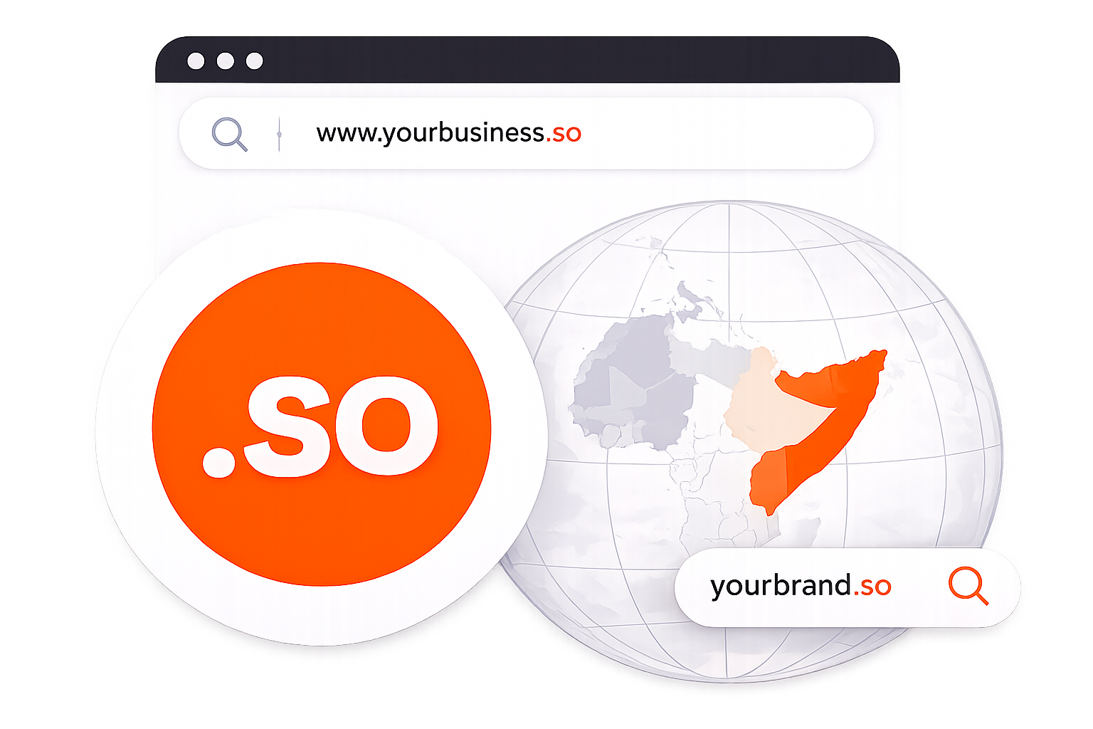 A .so domain browser window with a globe highlighting Somalia